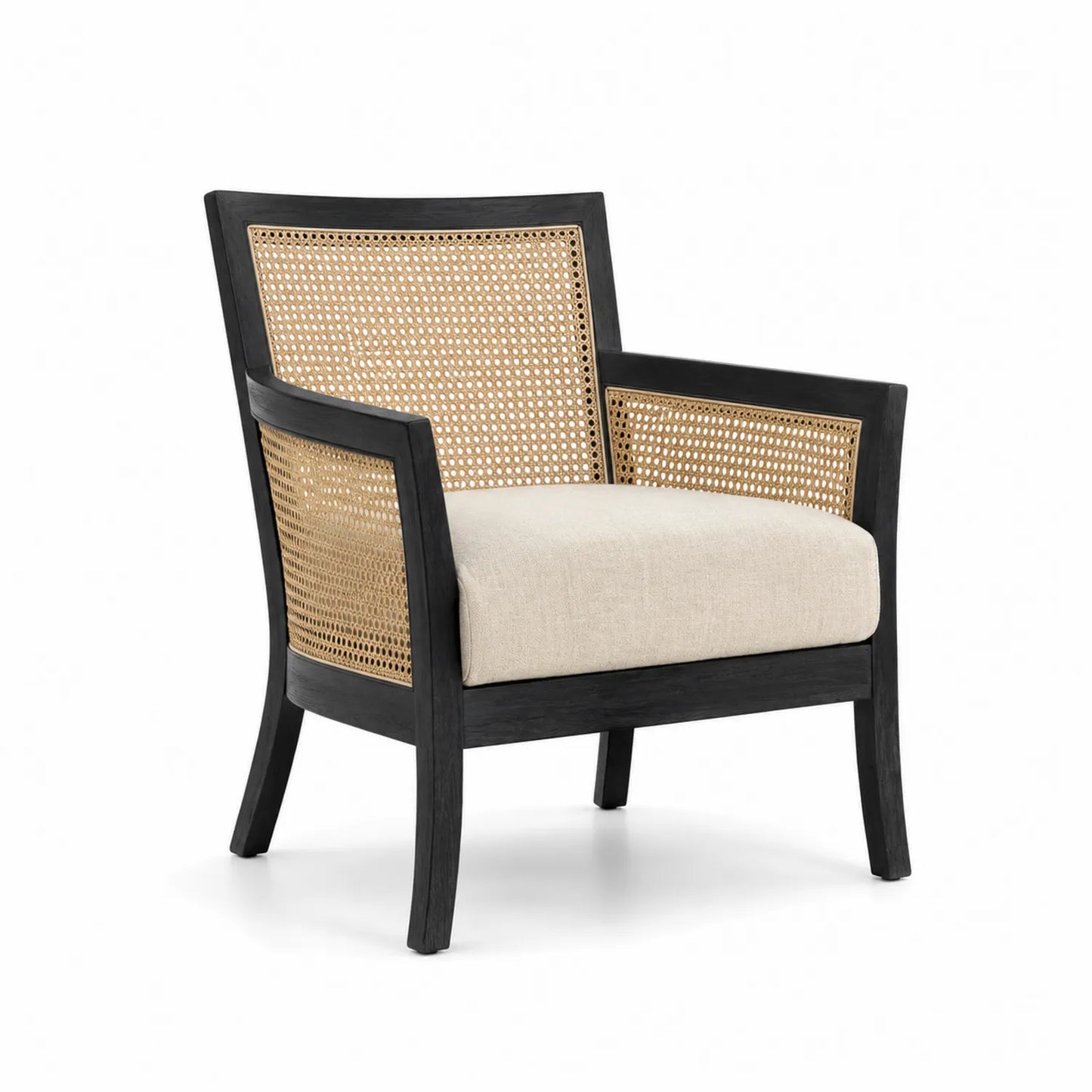 Fauteuil en bois et cannage noir et beige