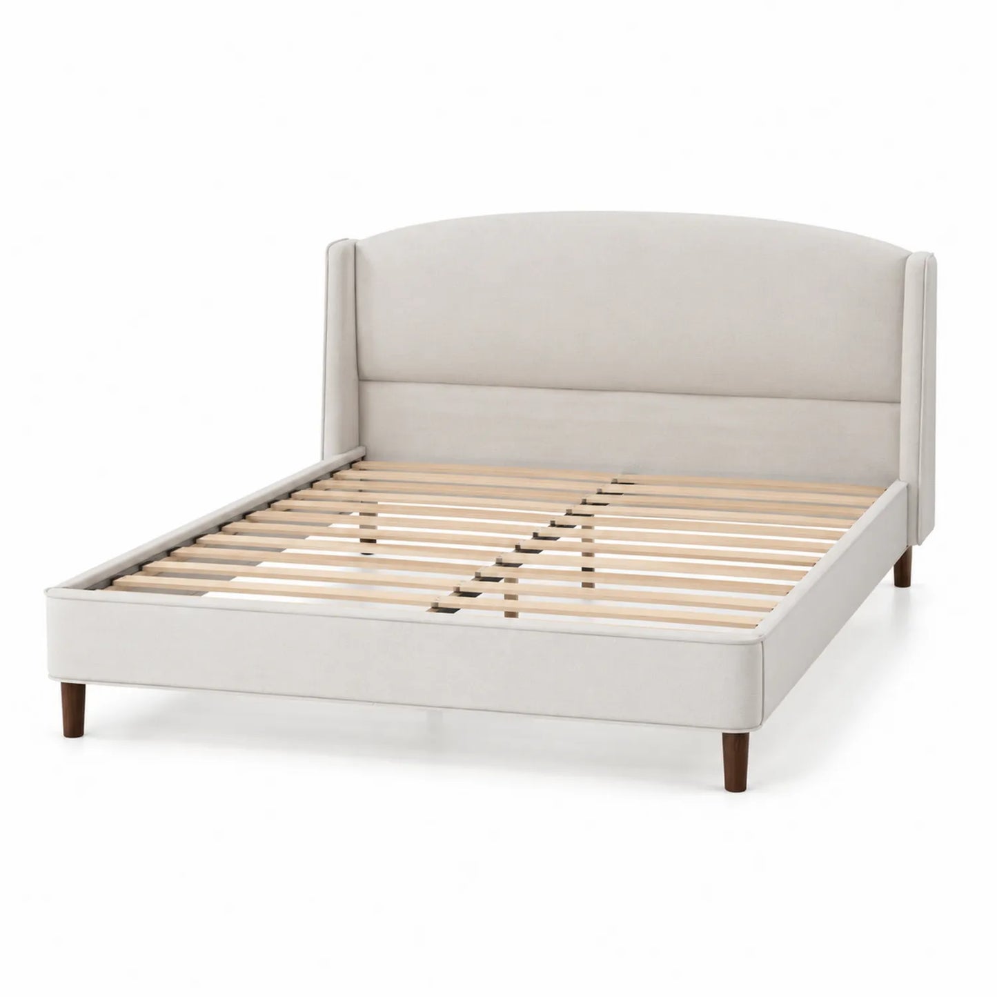 Lit double en tissu beige avec tête de lit rembourrée 200x160 cm