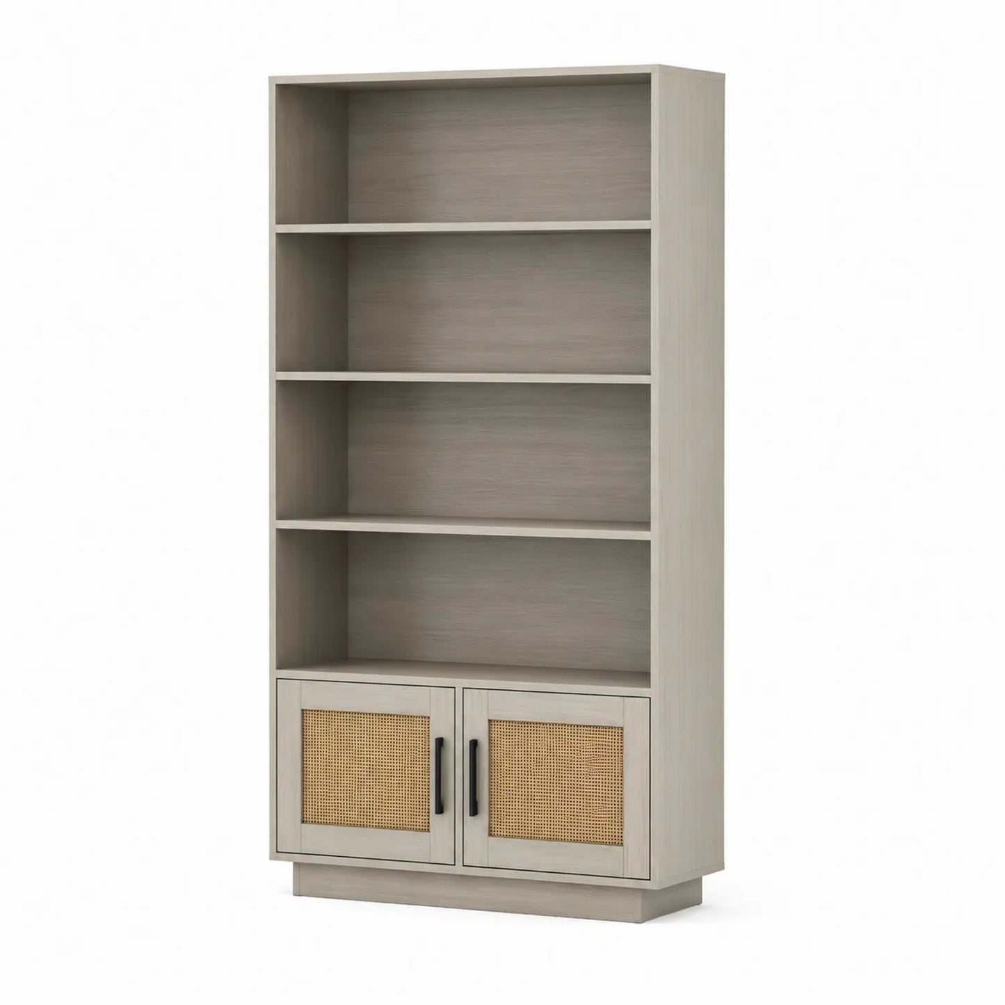 Bibliothèque en bois avec portes en rotin et étagères