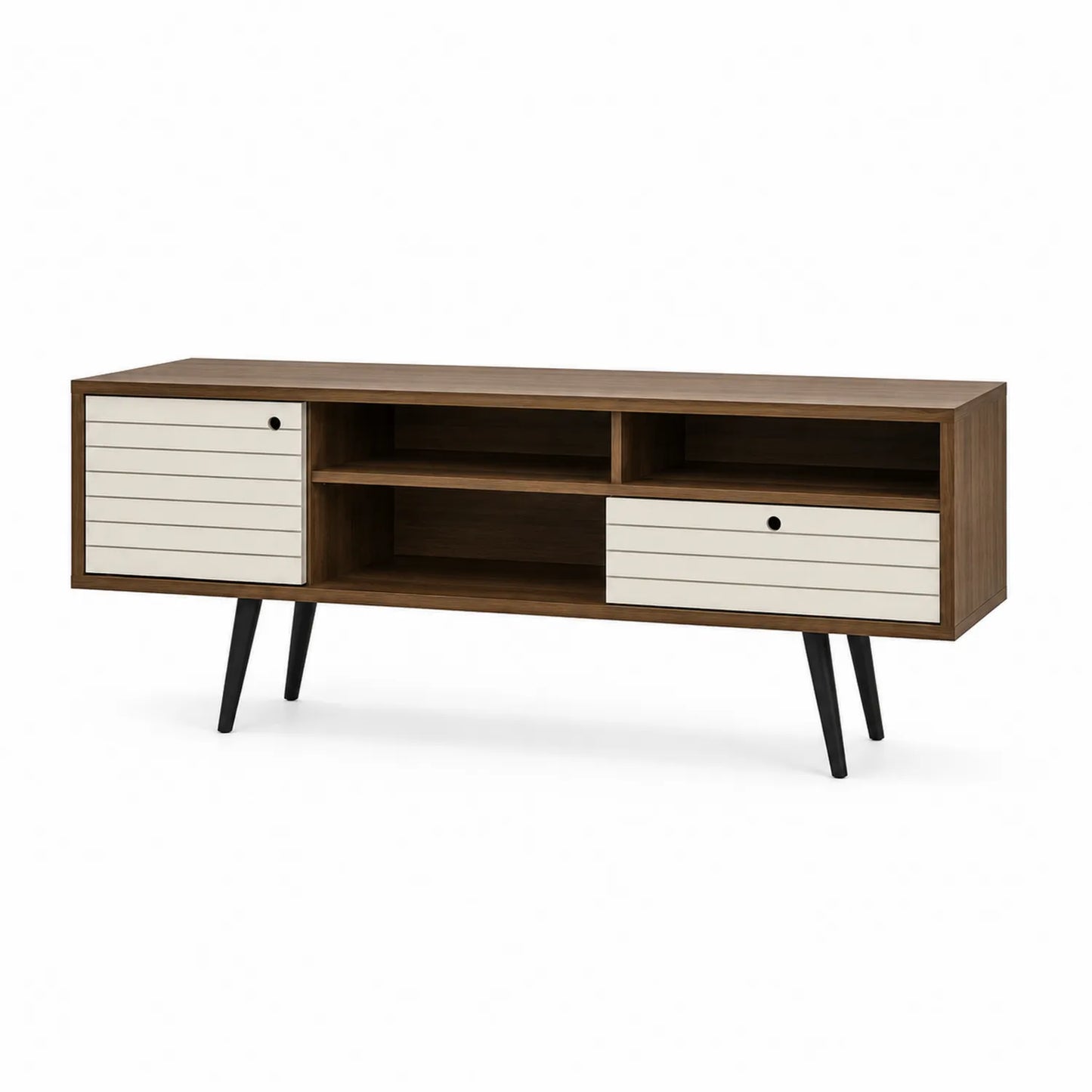Meuble TV en Noyer avec Portes en MDF et Pieds en Métal Noir