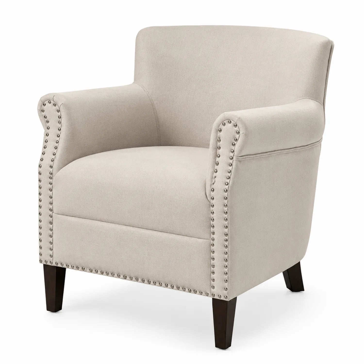 Fauteuil en tissu polyester beige avec clous décoratifs