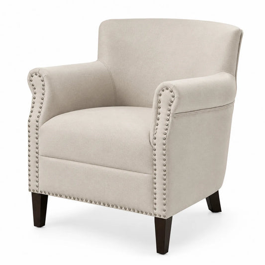 Fauteuil en tissu polyester beige avec clous décoratifs