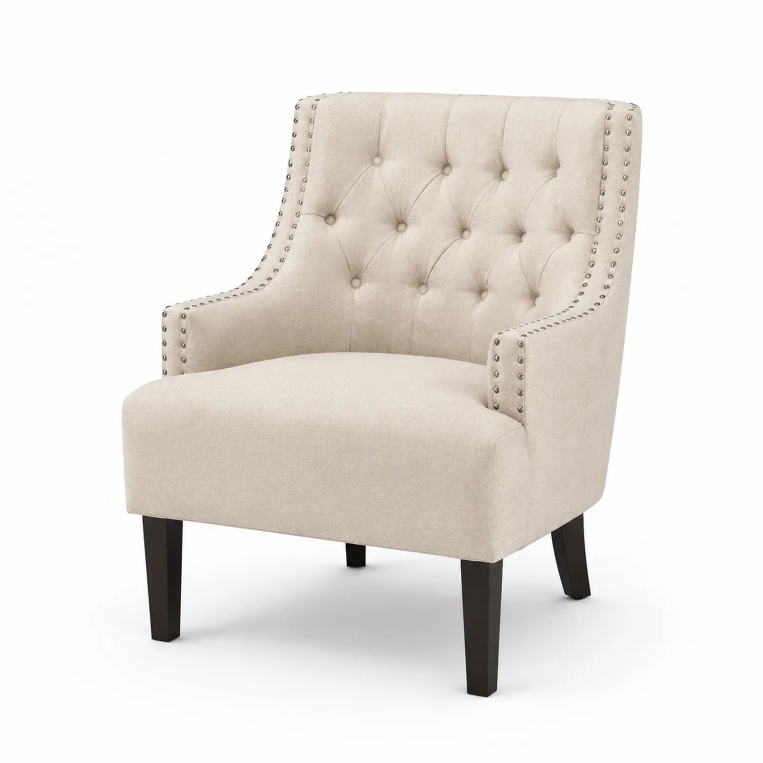 Fauteuil en tissu lin beige avec accoudoirs cloutés
