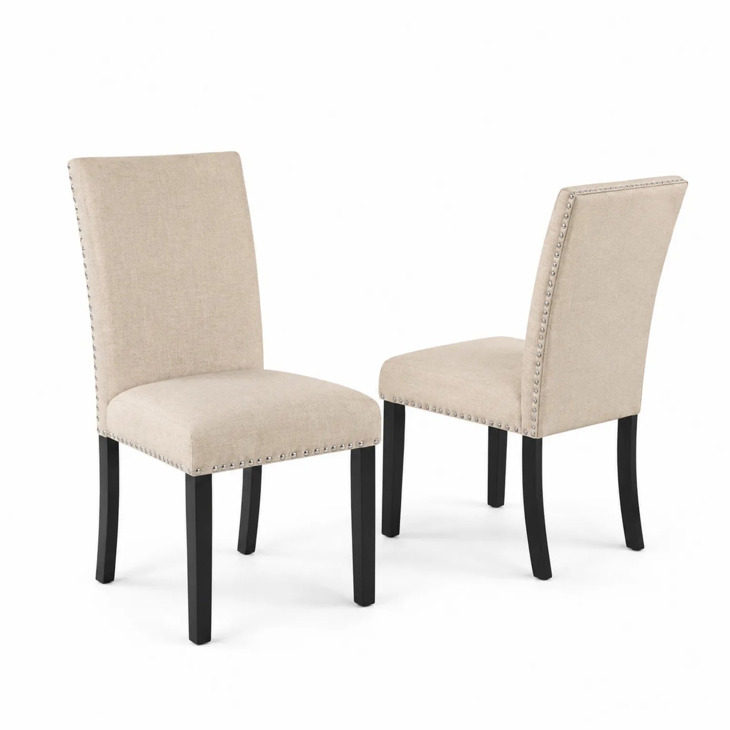Chaises de salle à manger en tissu beige avec clous décoratifs, lot de 2