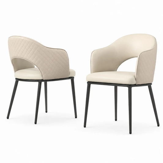 Chaise en cuir synthétique beige avec pieds en métal noir, lot de 2