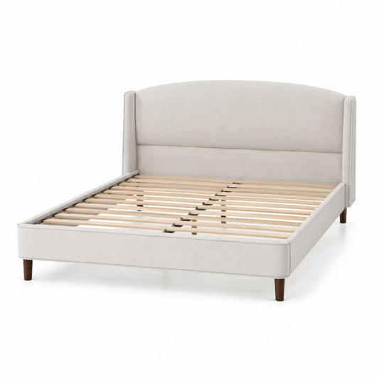 Lit double en tissu beige avec tête de lit rembourrée 200x160 cm