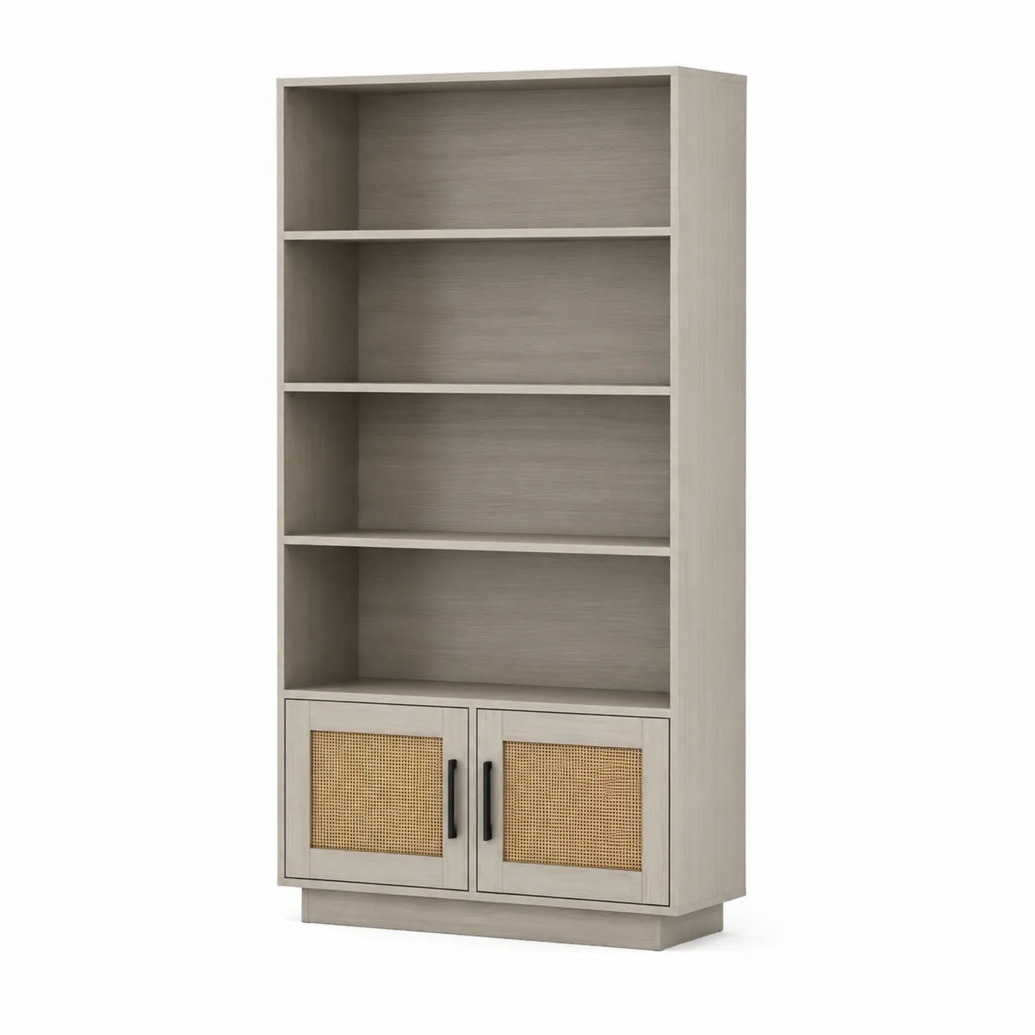 Bibliothèque en bois avec portes en rotin et étagères