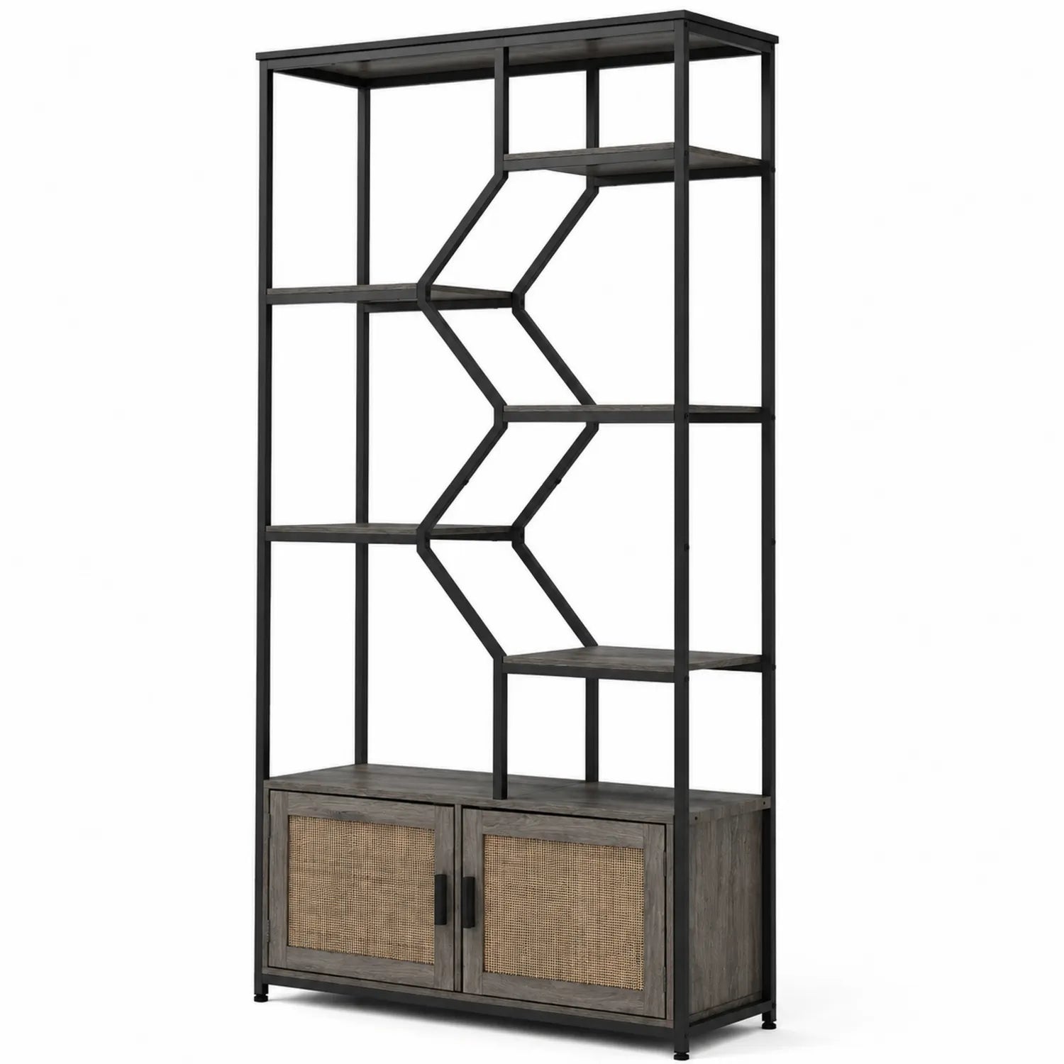 Étagère en métal avec étagères en bois et portes en rotin