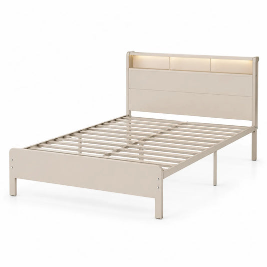 Lit double en métal beige avec étagère intégrée et éclairage LED 200x160 cm