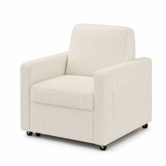 Fauteuil en velours côtelé beige avec roulettes