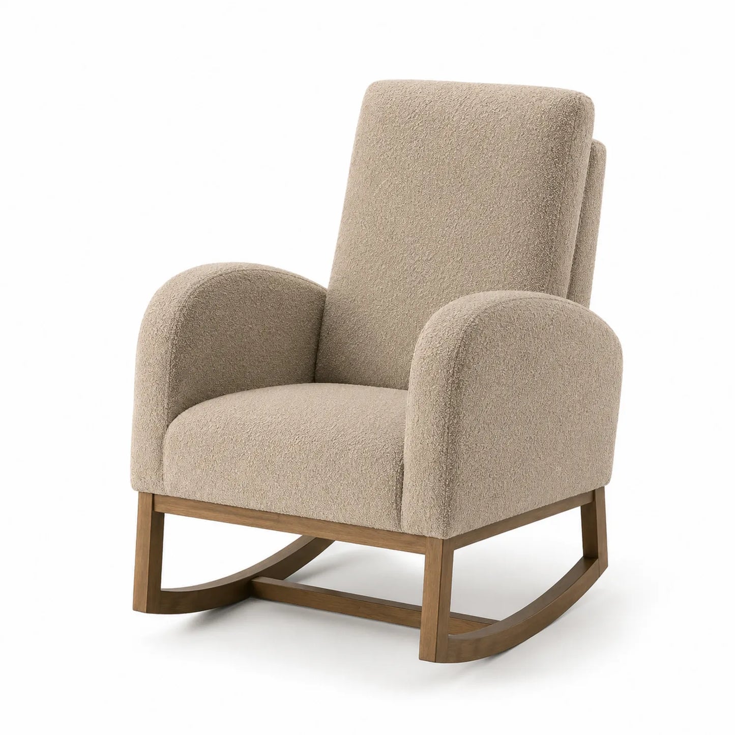 Fauteuil à bascule en bois et tissu bouclette beige